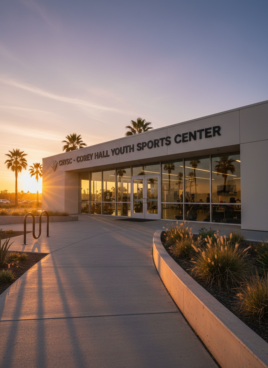 A sunset exterior scene of the Corey Hall Youth Sports Center entrance, featuring a contemporary, low-profile building with clean stucco walls, large windows, and bold CHYSC signage above the double glass doors. The pathway leading to the entrance is lined with well-maintained native plants in concrete planters, and a sturdy metal bike rack stands nearby. Warm, golden-hour light washes the facade, creating gentle shadows that emphasize architectural lines while interior lights glow softly through the windows, suggesting activity inside. Shot in photographic realism from a slightly low, wide-angle viewpoint, the composition places the entrance off-center for dynamic balance, with the warm sky and a few silhouetted palm trees framing the building. The atmosphere is inviting, safe, and community-focused, embodying a trusted hub for youth sports and support.