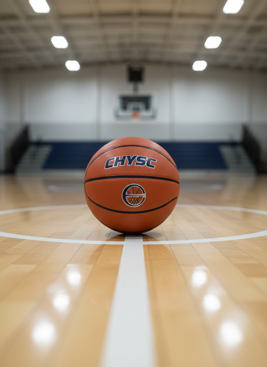 A close-up, photographic realism shot of a CHYSC-branded basketball resting at the exact center of an immaculate indoor court. The ball features textured orange composite leather with deep black seams and a subtle, professional logo stamped in dark navy and silver. It sits perfectly on the intersection of glossy, newly finished hardwood floorboards, where a crisp white center circle line intersects. Overhead gym lights produce soft, even illumination, creating gentle highlights on the ball’s pebbled surface and a faint reflection beneath it on the polished floor. Captured from a very low, side angle with shallow depth of field, the background lines of the court blur gracefully. The mood is focused and aspirational, symbolizing opportunity, discipline, and the starting point for youth athletes.