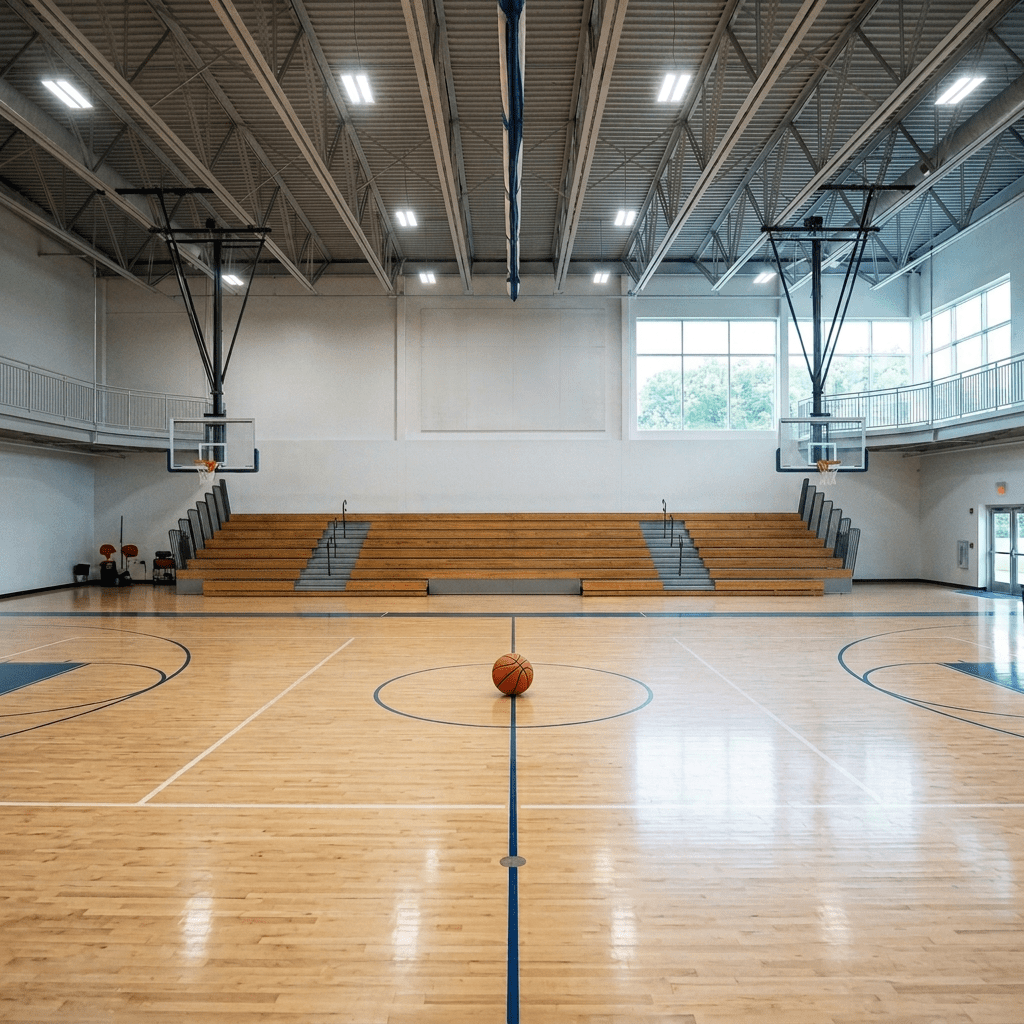 Two basketball teams jumping for the ball at center court in a CHYSC gym